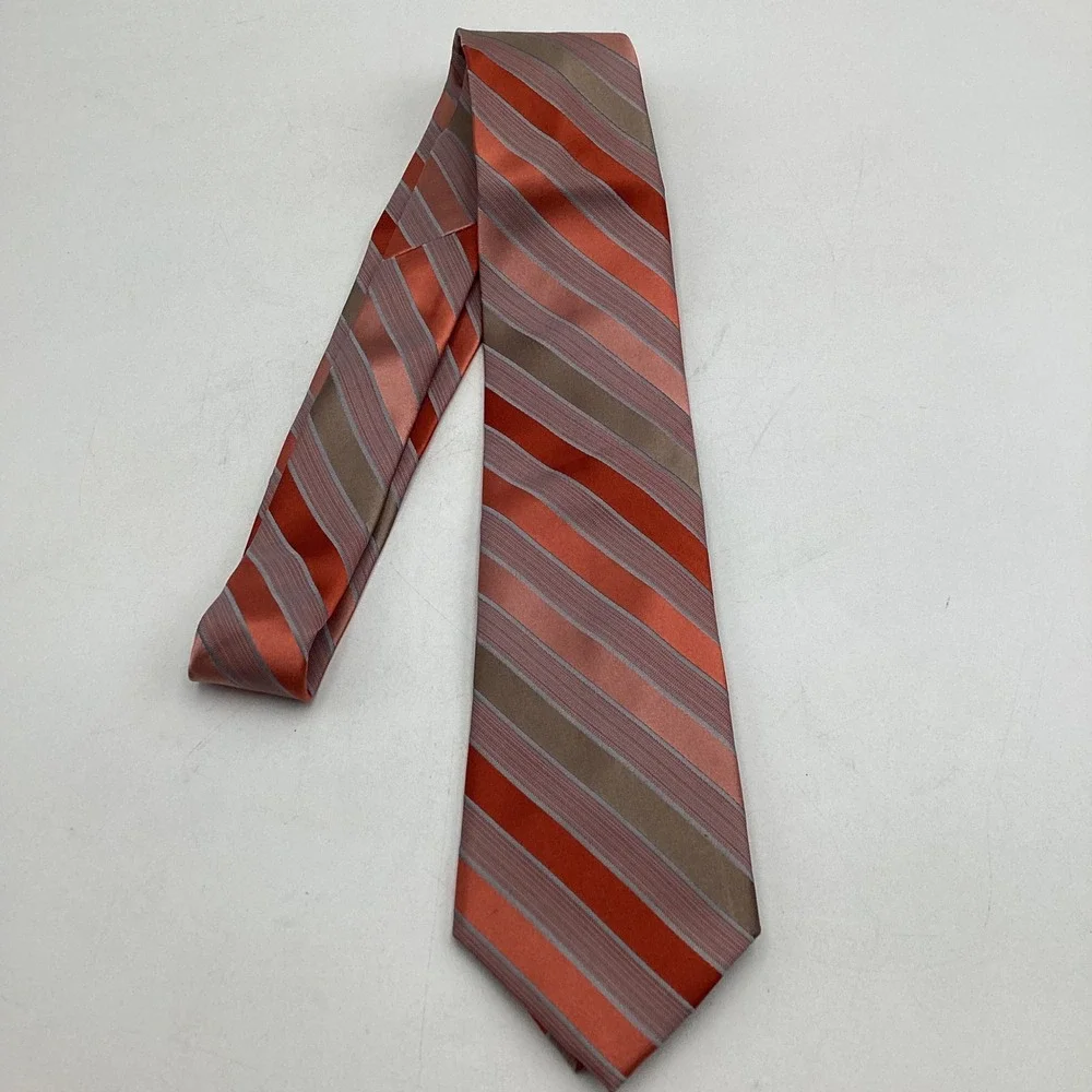 Van Heusen Mens Silk Necktie Rust Orange Taupe Grey Striped‎ Formal Business Tie